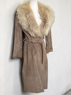 Vintage Suede Coat w Fur Collar Belted Taupe Luxe Winter Coat XS